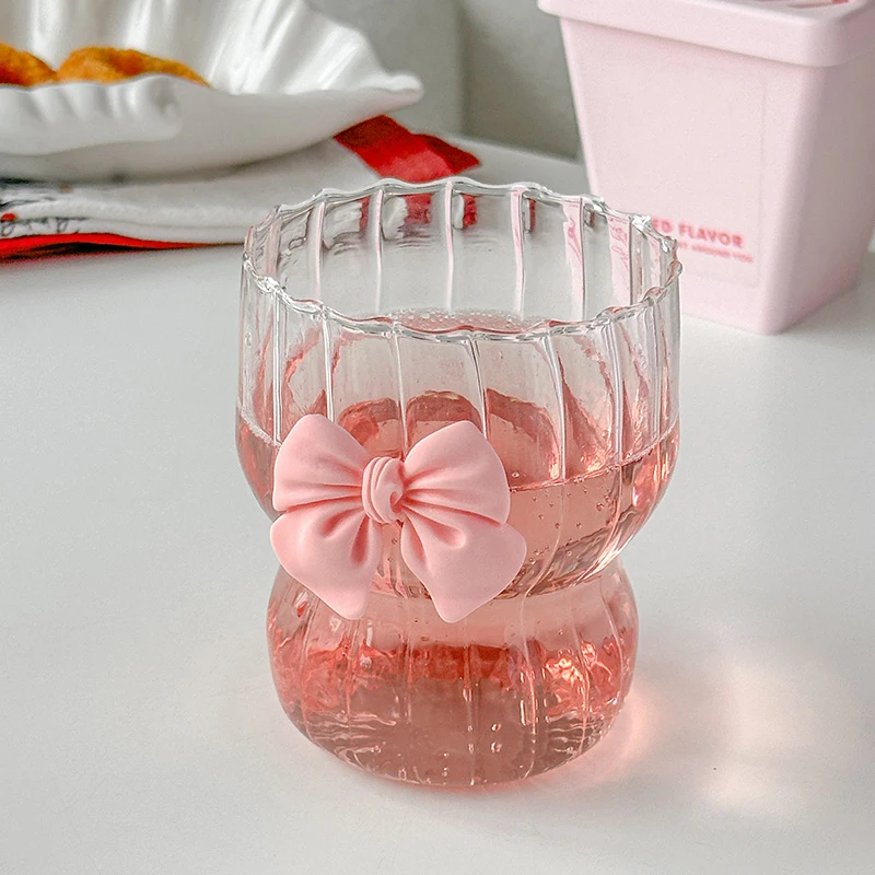 Cute Pink Bow Glass Water Cup Cartoon Bow Glass Cup Striped Cute Doodle Coffee Mug Household Fruit Tea Lemonade Girls Gift