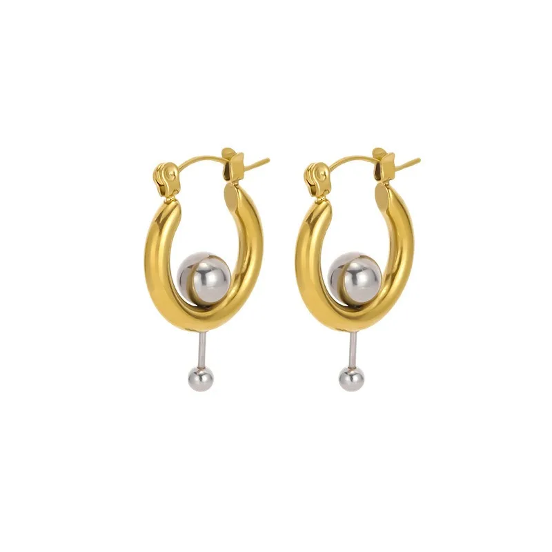 INS-style two-tone hoop earrings, silver bead and gold stainless steel earrings, trendy color-block fashion jewelry for women