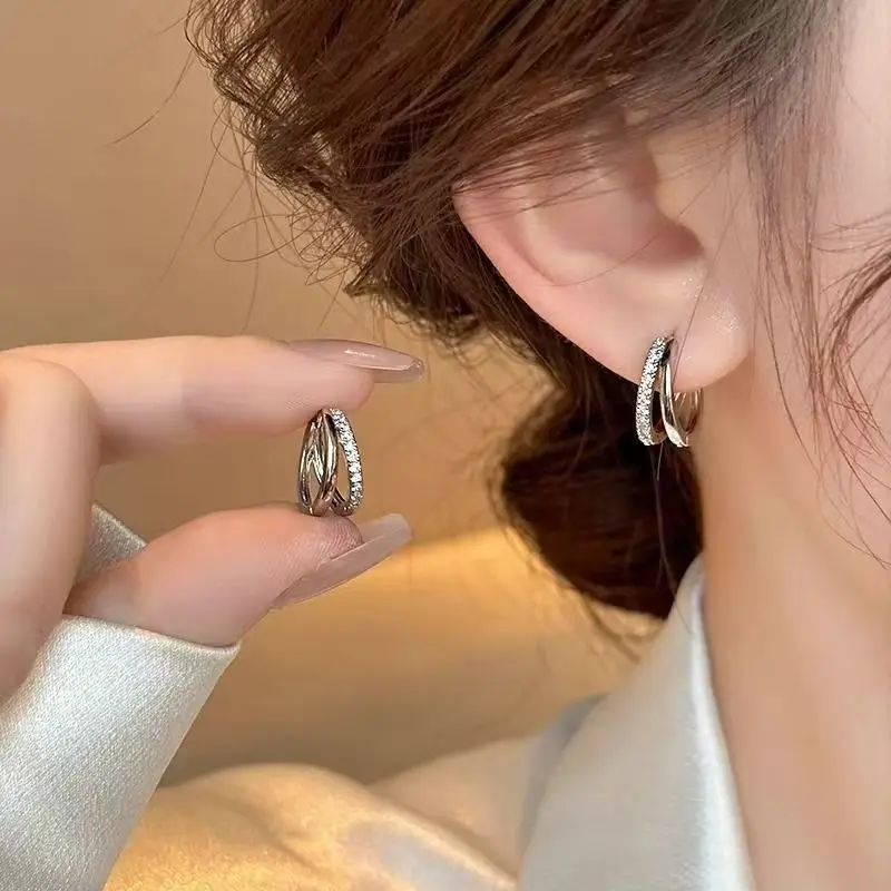 Super Flash Inlaid Zircon Double Hoop Ear Clips - Exquisite, Compact, and Versatile Design Earrings Jewelry