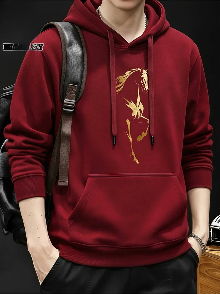 

Мужская толстовка с капюшоном Весна 2026, повседневная, красная, с принтом, свободного кроя, с длинными рукавами, из смесового хлопка и полиэстера, не мнется