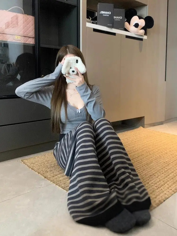 Harajuku Contrast Color Stripe Wide Leg Trousers Vintage Grunge Loose Casual Pant Y2k Aesthetic Women Straight Pants Pantalones