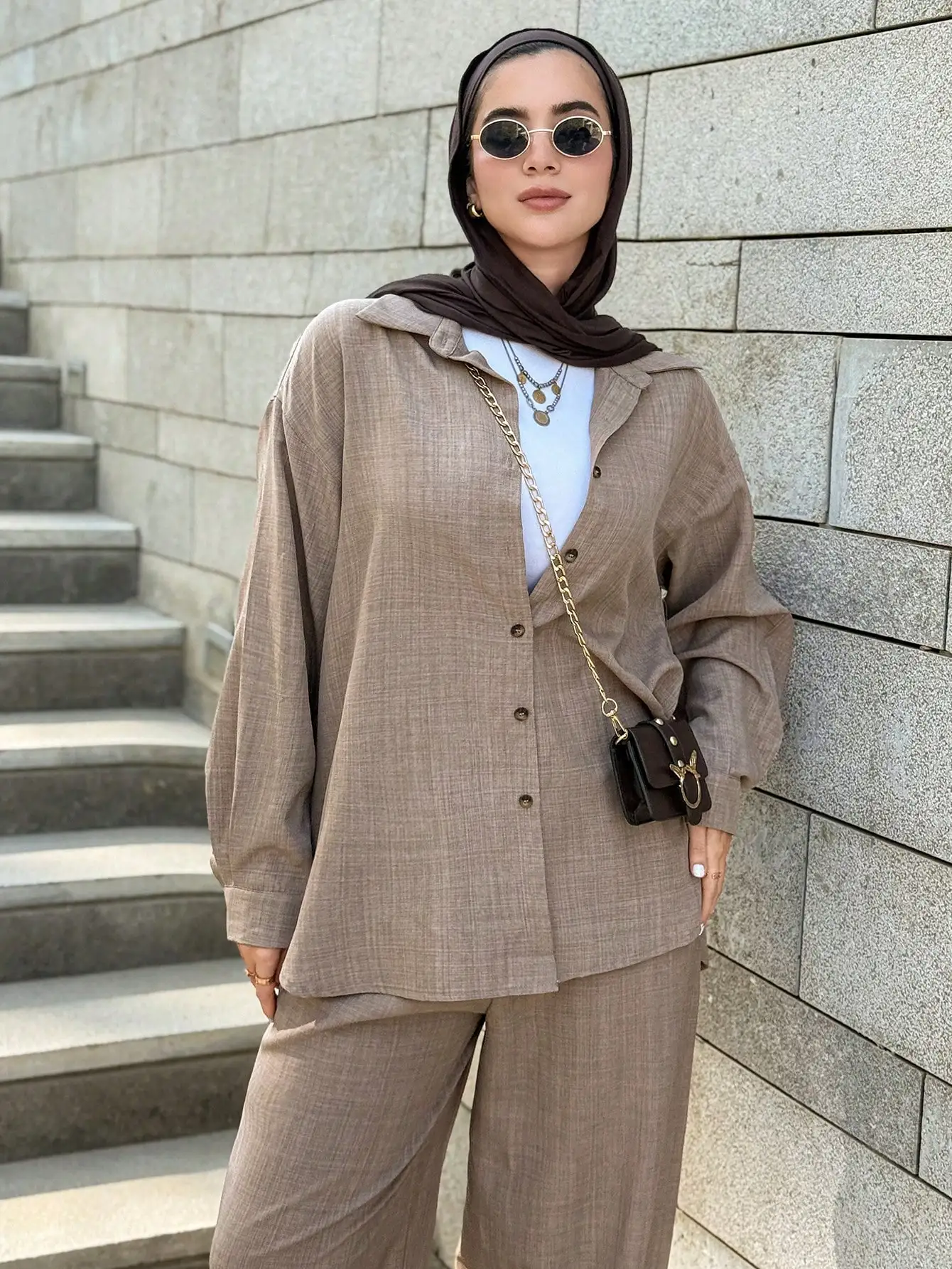 

Loose Casual 2-Piece Set For Women Solid Color Faux Denim Linen Spring Modest Lounge Suit