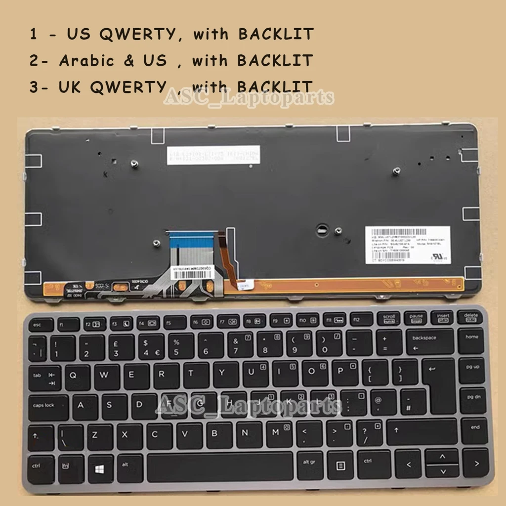 

New Arabic UK US Keyboard for HP EliteBook Folio 1040 G1 , 1040 G2 Silver Frame Black, BACKLIT, Pointer