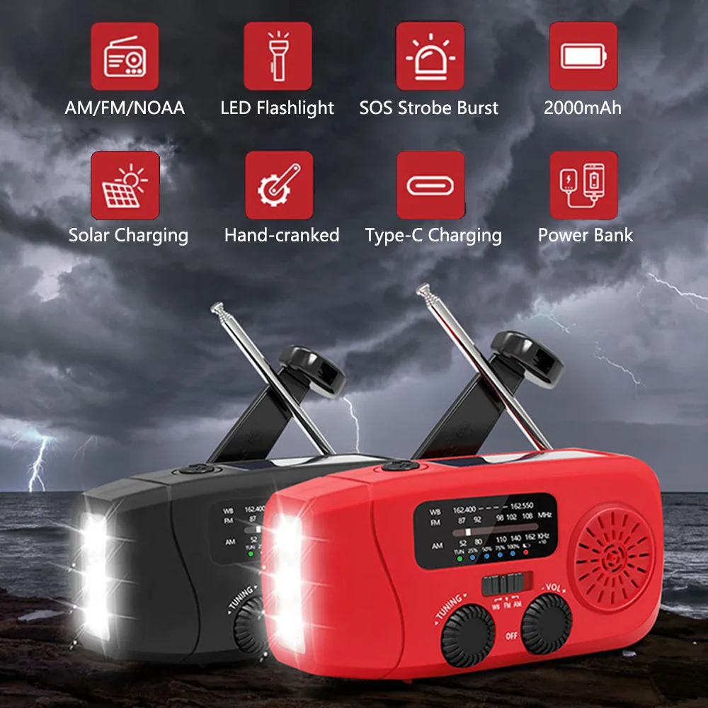 راديو FM/AM/WB محمول قابل لإعادة الشحن، كرنك راديو الطوارئ بالطاقة الشمسية، جهاز استقبال راديو FM NOAA للسفر في الهواء الطلق مع مصباح LED SOS