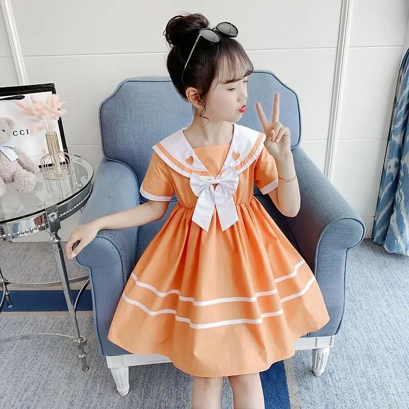 2024 Summer New retro Girls Cotton Crew Sailor Collar Teen Casual striped JK Dress A-LINE Baby Clothes Toddler 12 15 6 8 10 year