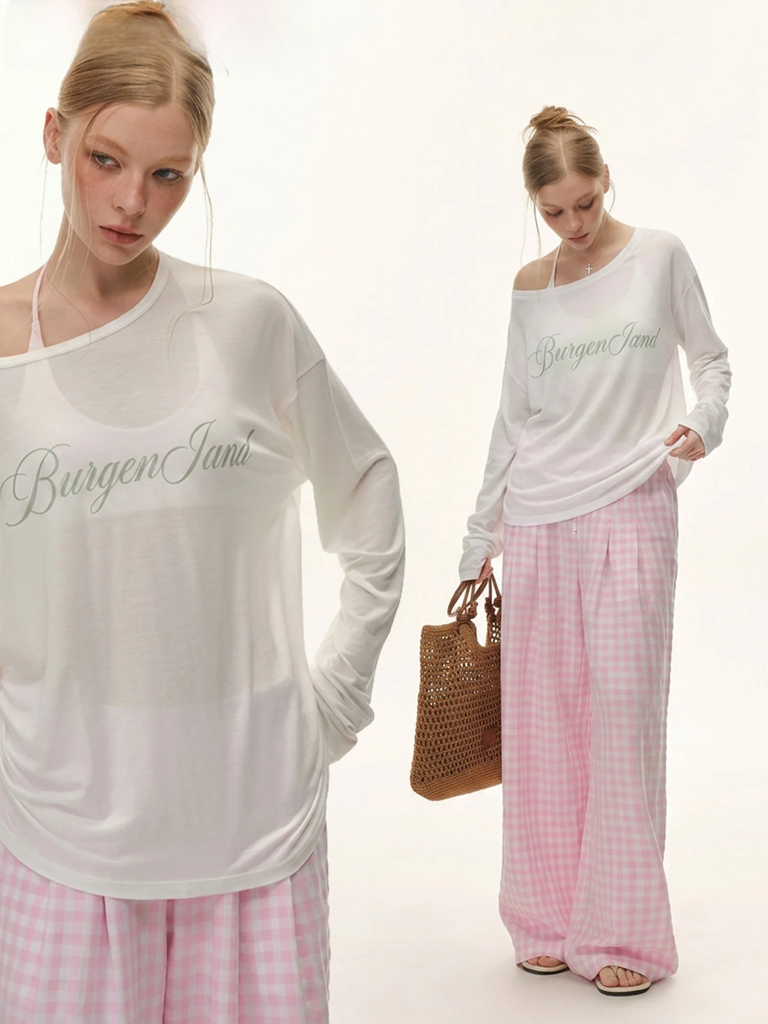 

Burgenland Women's Long Sleeve T-Shirt White Micro Translucent Slipover Casual Loose Fit Summer Fashion Shoulder Baring Top