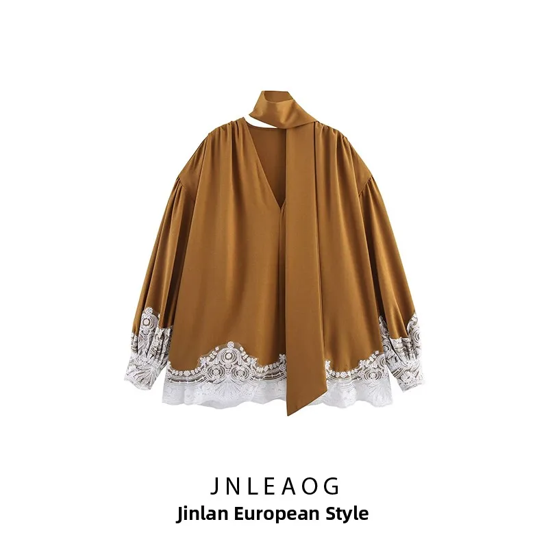 JNLEAOG Primavera Nova Blusa Fena Estilo Solto com Decote em V, Manga Longa, Cor Pura, F com Botões.