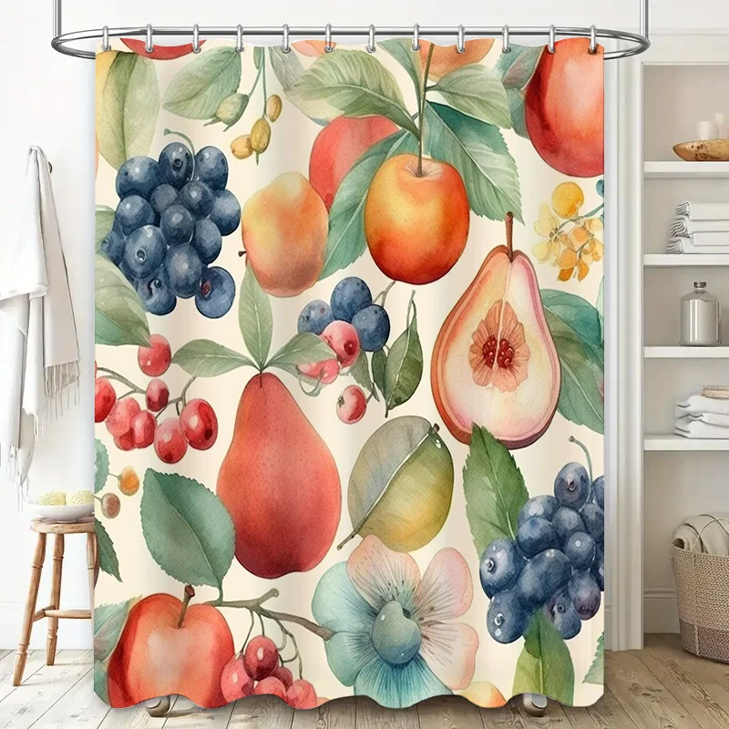 Watercolor Fruit Shower Curtain Rustic Bathroom Decor with Blueberries Pears Cherries Peaches Apples Easy Installation Rod Unble