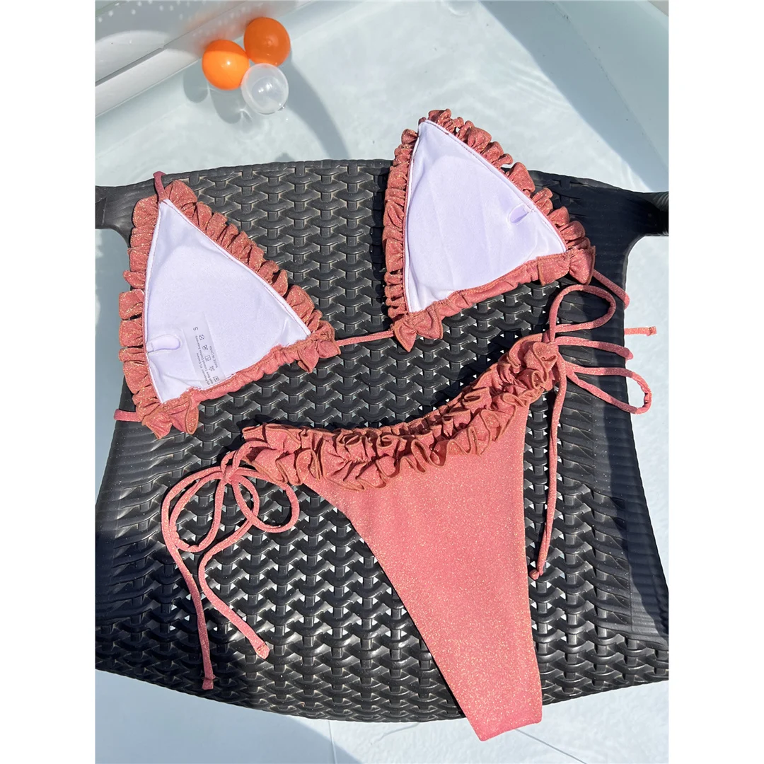 XS - L Glänzender, gerüschter Neckholder-Bikini mit Trägern, Damen-Badeanzug, zweiteiliges Bikini-Set, Badebekleidung, Badeanzug, Badebekleidung, Schwimmbekleidung V7061 – Detail 6