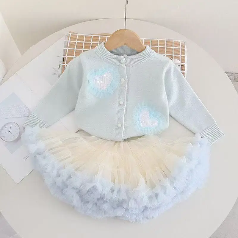 Toddler Girls Knit Cardigan and Tutu Skirt Set Spring Autumn Kids Sweet Sweater Outfit Baby Girls 2 Piece Clothing 90-130cm 3
