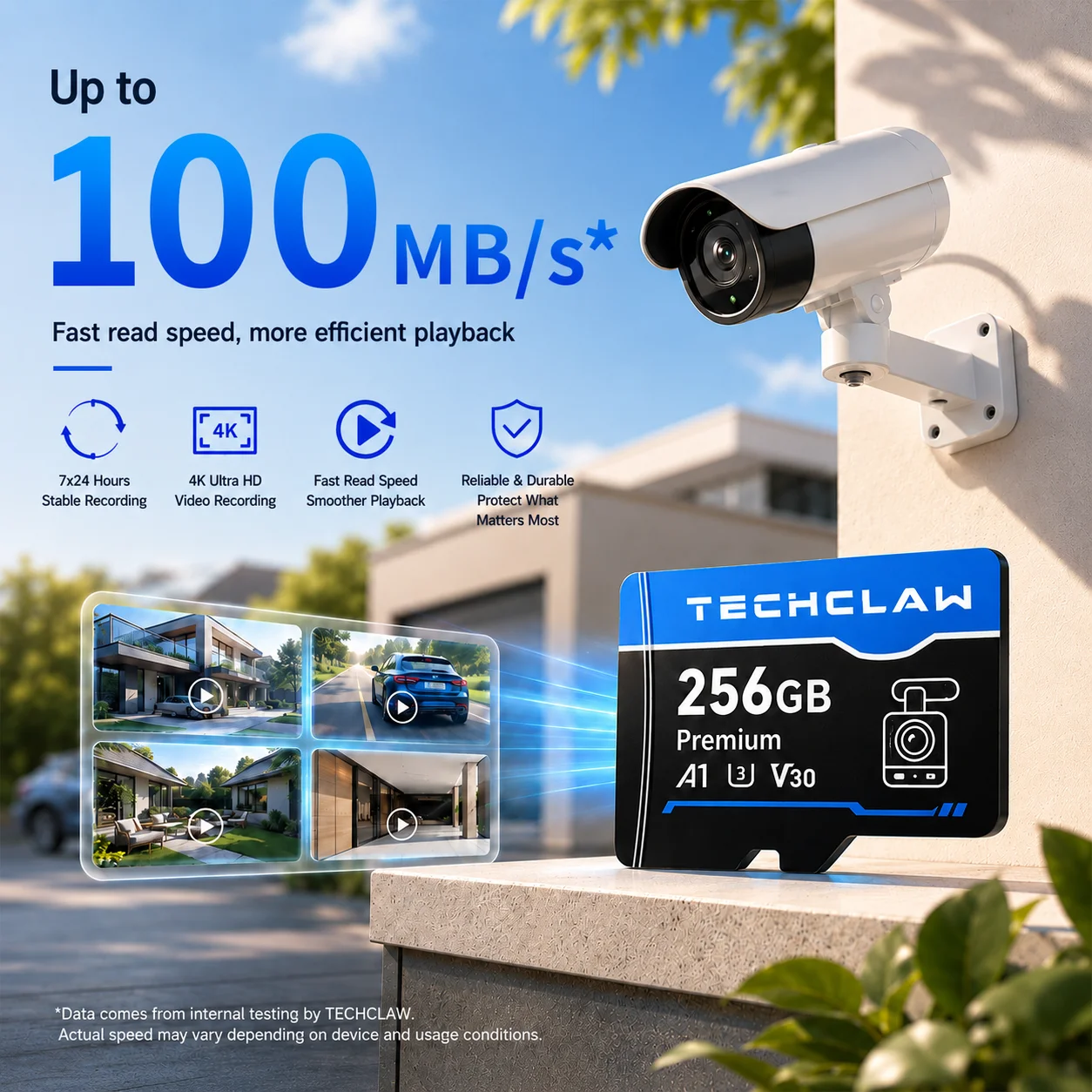 Karta pamięci TECHCLAW 4K Micro SD do kamery samochodowej, kamery bezpieczeństwa, kamery DJI na zewnątrz, U3 A1 V30, szybka karta pamięci TF 32GB/64GB/128GB — zdjęcie produktu 4