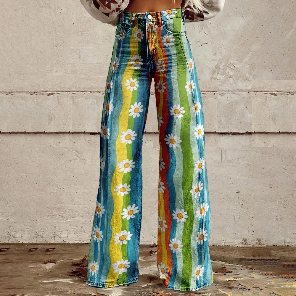 Grand pantalon décontracté à jambes larges imprimé floral pour femmes, pantalon sexy moderne de style européen, rétro et à la mode, jambes larges et amples
