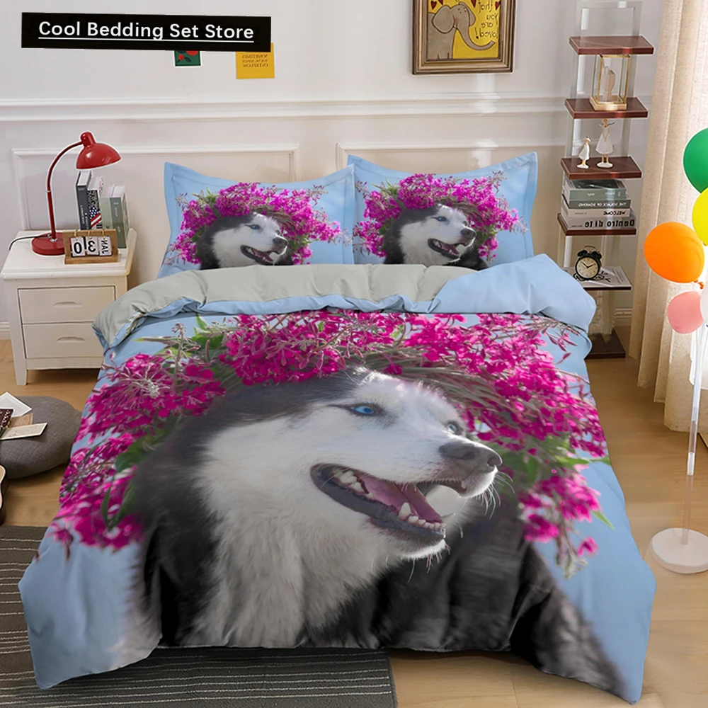 Husky Dog Bedding Set King Queen Size Funny Pet Puppy Duvet Cover for Kids Boys Girls Cute Animal 2/3pcs Polyester Quilt Cover