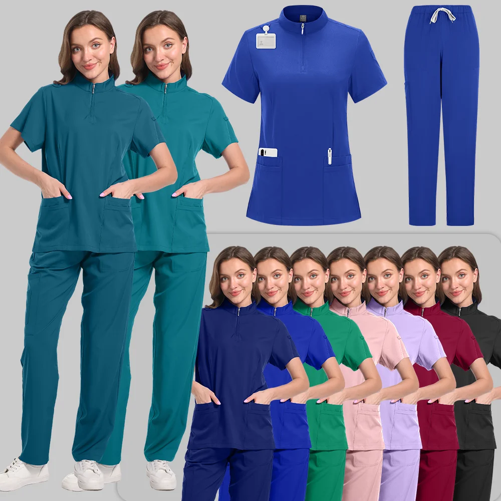 

Women's Nurse Uniform Set Clinical Uniforms Medical Clothes Scrubs Sutis Surgical Blouse Zipper Top Pants Suit for Woman Man XXL