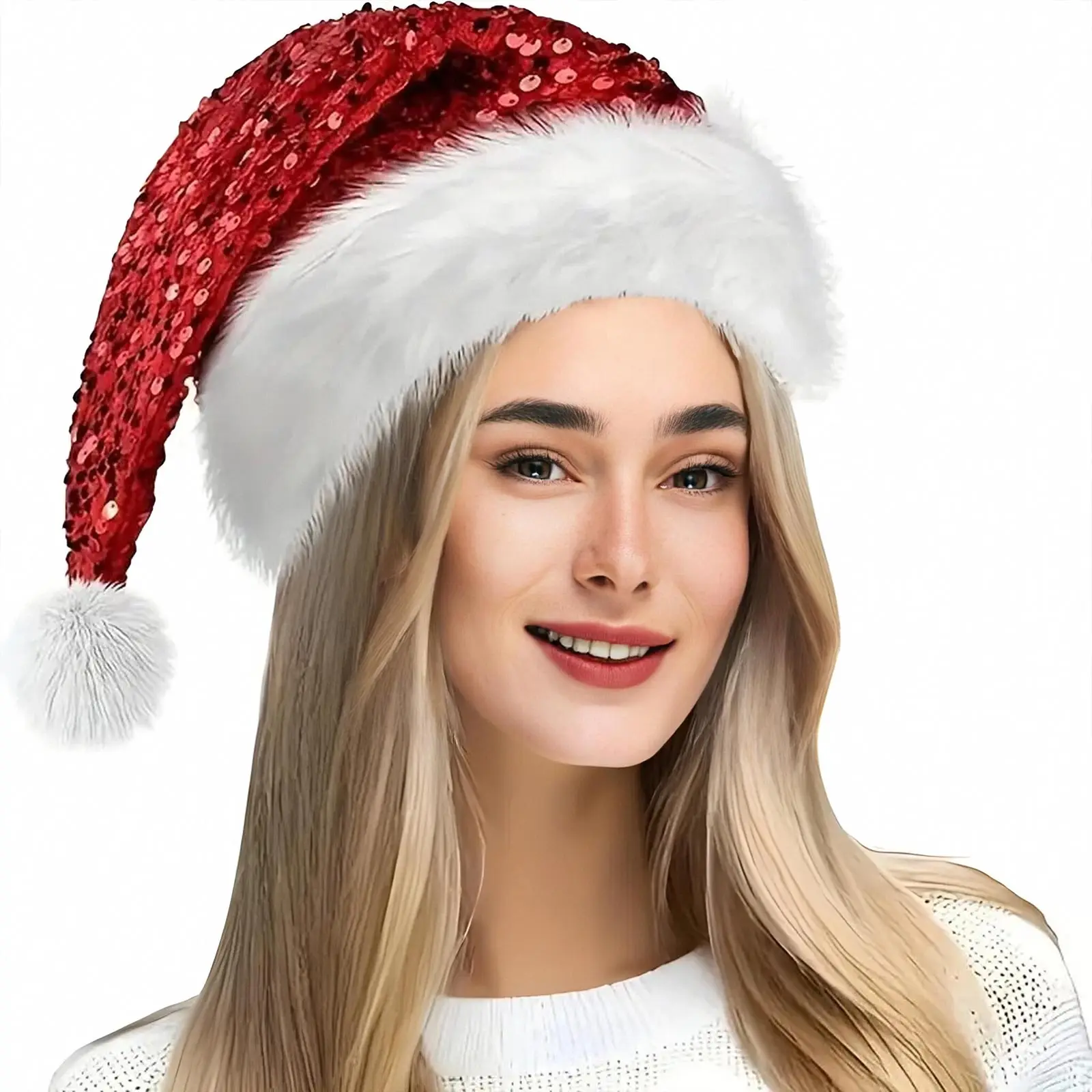 1個入り スパンコールサンタ帽子 クリスマスロールプレイアクセサリー帽子 女性または男性用 ホリデーハット サンタクロース用 新年パーティー用品