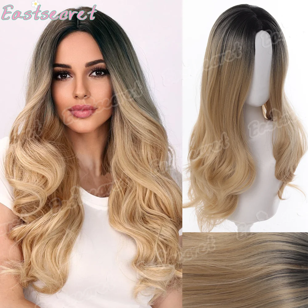

EAST Synthetic wig 22 inches black gradient gold long curly hair wavy wig for girls synthetic lace free wig music festival
