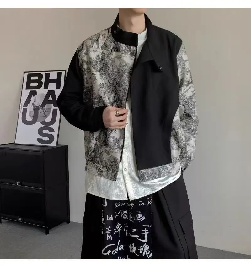 New Chinese Style Costume Men Women Water Ink Paintings Patchwork Standing Collar Jacket Niche Bisex Street Suit Han Elements