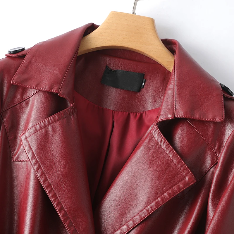 Sheepskin Trench Coats Women Long Split Leather Outwear Fall Winter Chic Wine Red Double Breasted Belt Ladies Trench Clothes