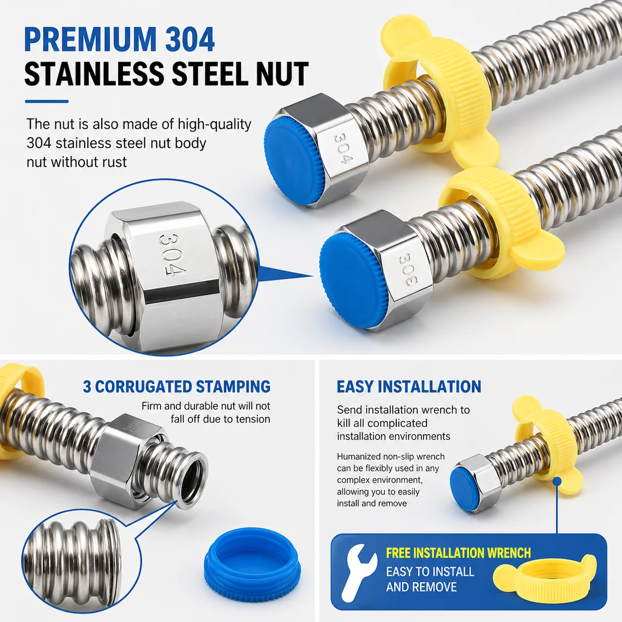 304 Stainless Steel Water Pipe Toilet Water Weaved 1/2' Plumbing Hose, Bathroom Heater Connect Corrugated Pipes with Wrench Pipe
