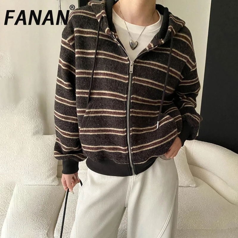 

FANAN Hooded Design Striped Contrast Color Coats For Women Drawstring Knitting Thick Warm Tops Female Clothing Winter New