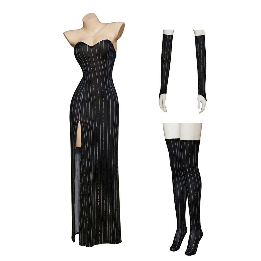 

TV Series Women Sexy Striped Strapless High Slit Slim Dress with Knee Socks Female Halloween Carnival Skeleton Design Suits