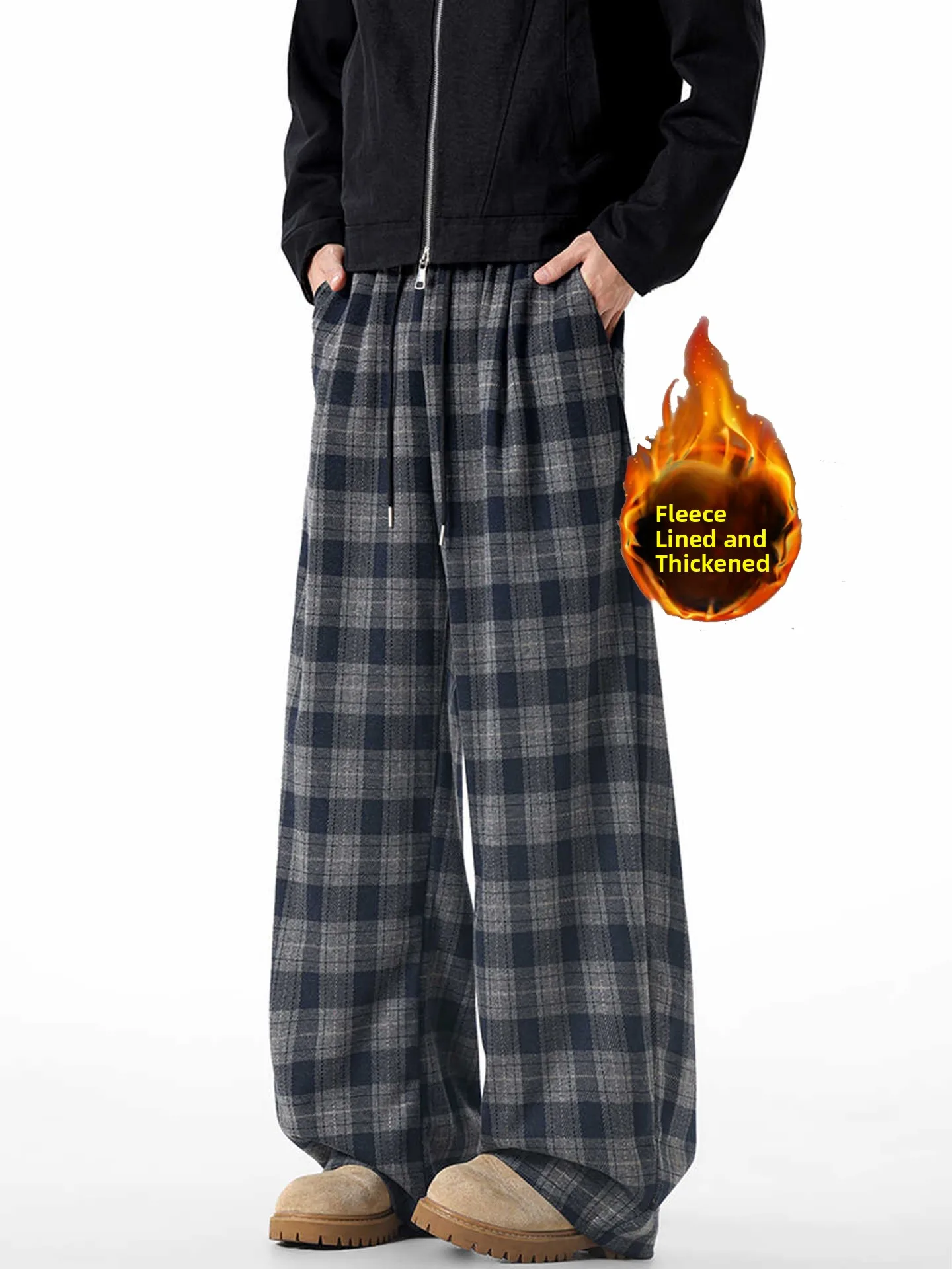 

Laid-ba Plaid Fce Lined Thiened Casual Pants Men Loose Straight Leg American Sport Wide Leg Pants Winter Cotton Polyester
