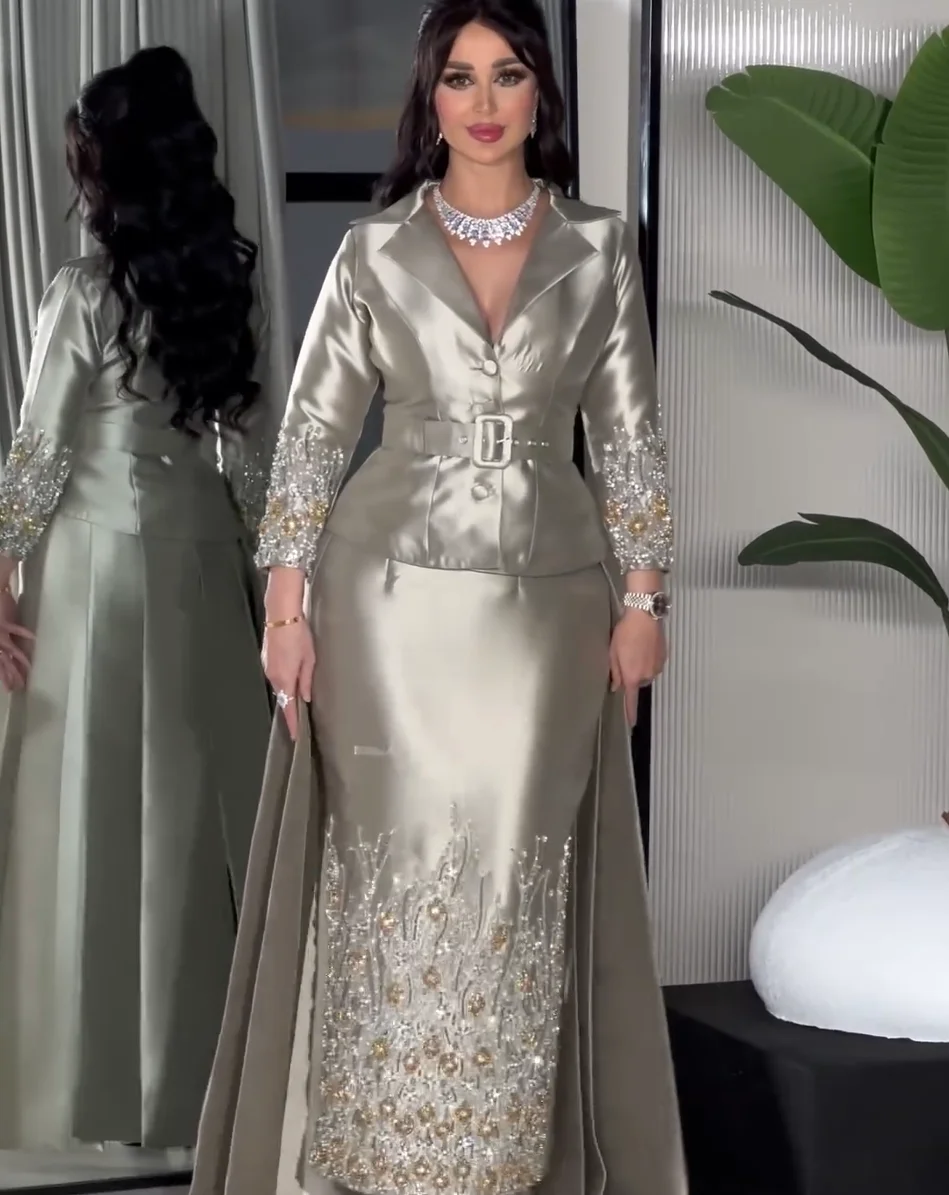 Silver Grey Sheath Prom Dresses Long for Women 2025 Beading Crystal Diamond Formal Evening Gowns Customized image 4