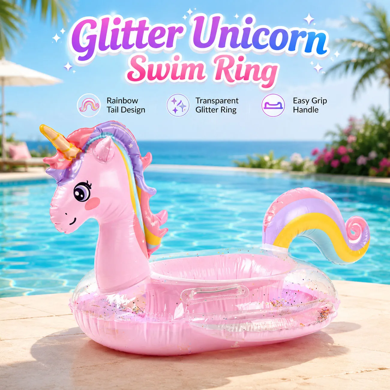 1PC Rainbow Unicorn Inflatable Pool Float Glitter Swim Ring with Handle Transparent Water Float for Pool Beach Summer