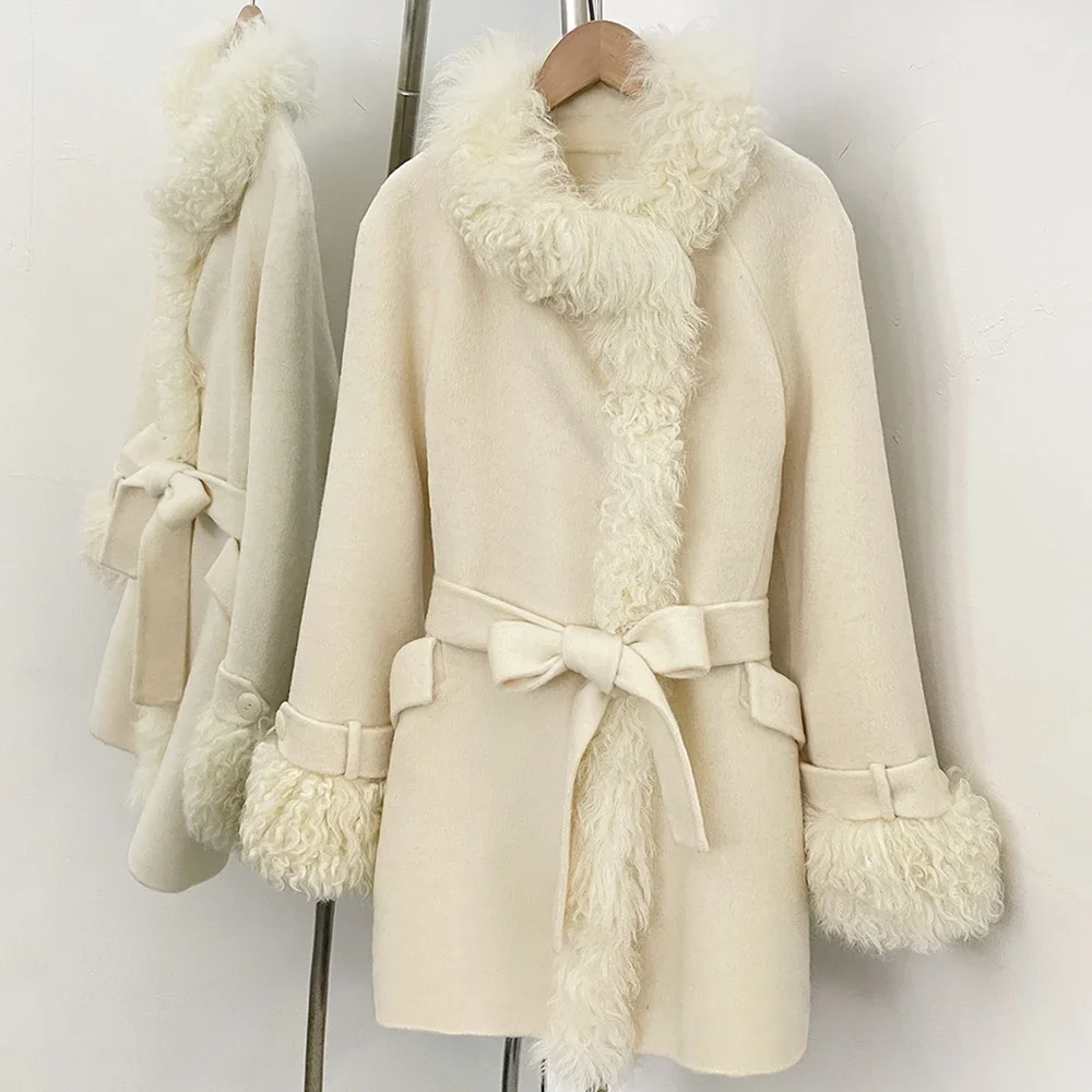 OFTBUY Neue Winter-Wollkleidung für Damen, Mittellanger Mantel mit Gürtel, 100% Wolle, Vollkurviger Kragen aus mongolischem Schaffell, Oberbekleidung für Frauen – Detail 11