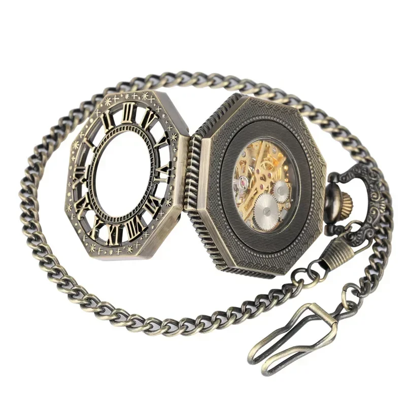 Vintage Hollow Octagon Design Men Women Skeleton Handwinding Mechanical Pocket Watches Roman Number Clock Pendant Chain Gift