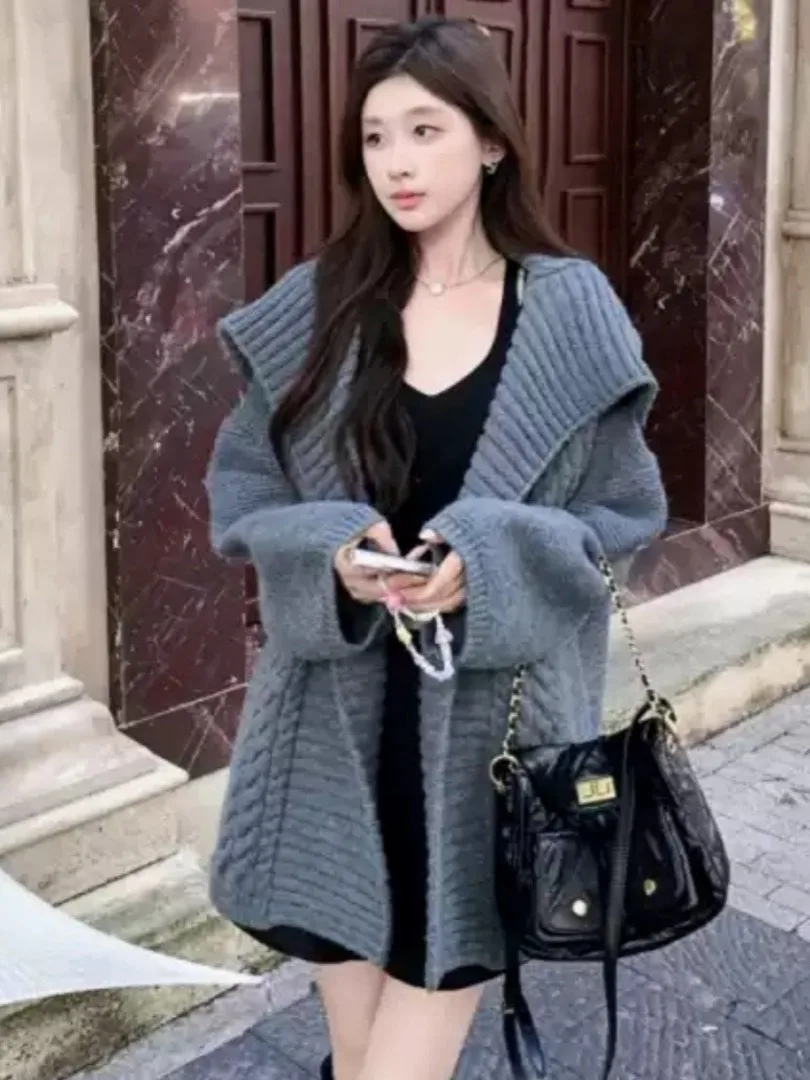 

ay Lazy Sle Knitted Sweater Coat Women's Mid-Length Loose High-End Feel Outerwear Spring Autumn Winter Casual Knit Top