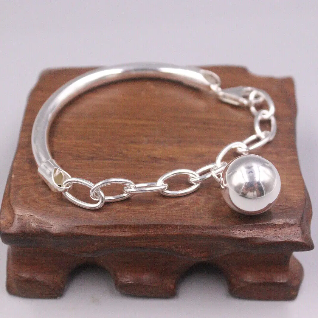 

Genuine 999 Fine Silver Tube with O Link and Ball Charm Bangle 2.36inch Dia.