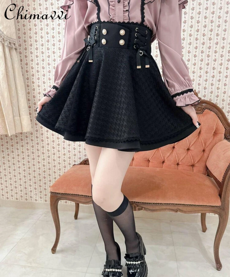 Ribbon Lace Pleated Pearl Buckle Lolita Skirts Japanese Mine Sweet Bow High Waist Short Kawaii Girls Women Short Y2k Skirt