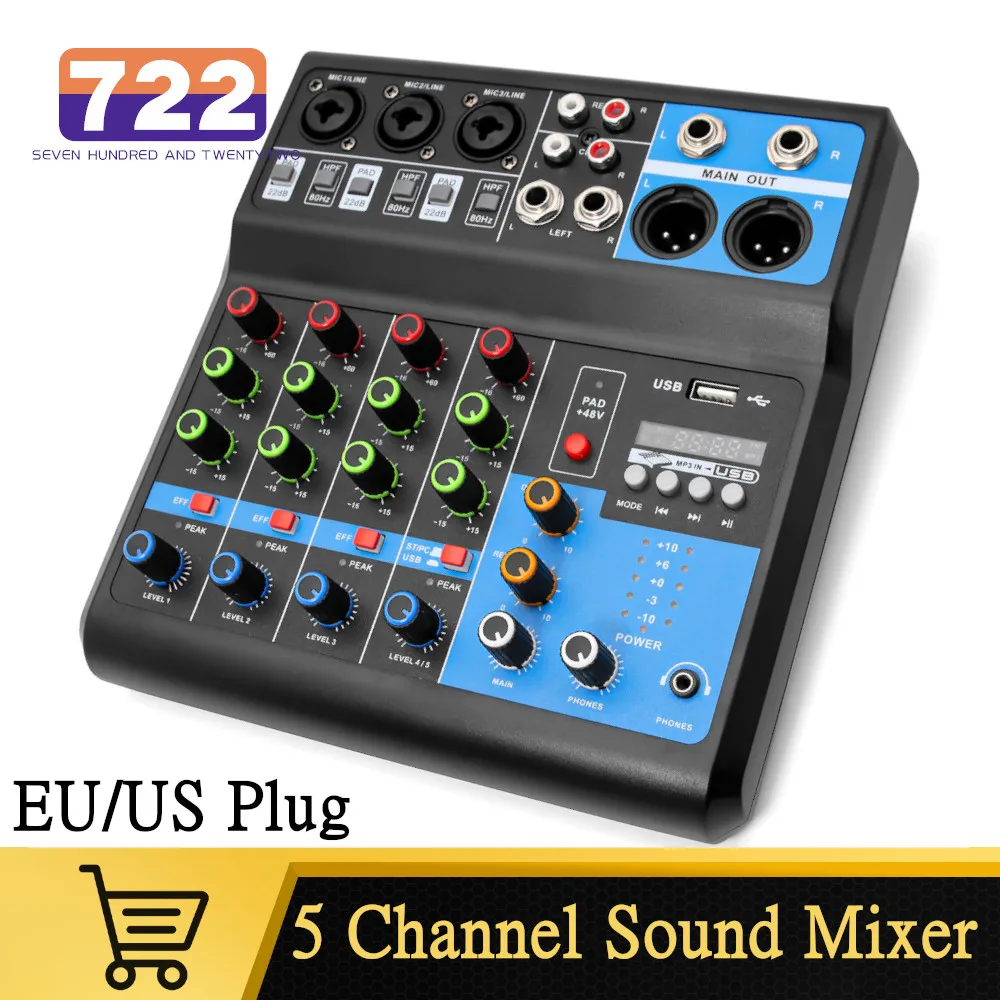 

HD 5-channel Professional Mixer Computer Stage Recording USB Sound Card Mixing Console Mixer Audio Pro DJ Audio Equipment