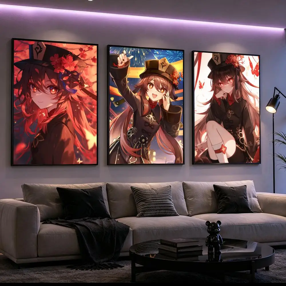 Genshin Impact Hu Tao Poster Poster HD Printing Cyberpunk Style Wall Art Home Decor For Gaming Room Living Room Bedroom Gift
