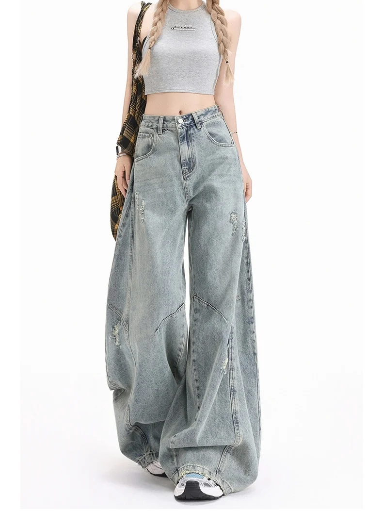 

Модные женские джинсы с высокой талией и широкими штанинами, свободного кроя, с декоративными вставками, повседневные, весенние, модные