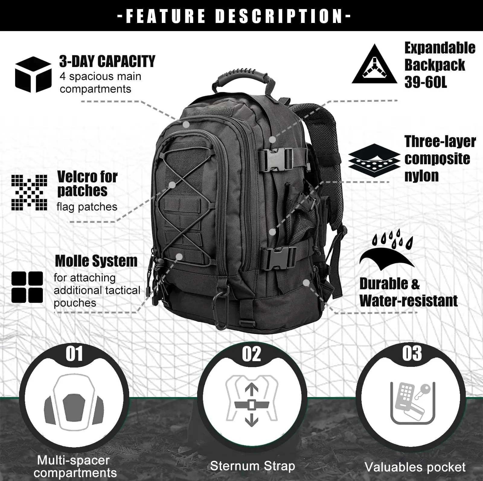 Tactical Backpack Assault Pack Men Backpacks Bug Outdoor Bag Pack for Hiking Camping Travel Hunting Rucksack Trekking