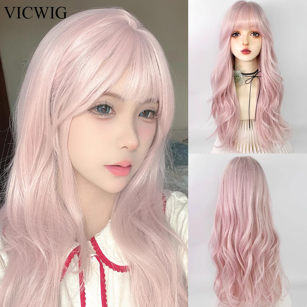 

VICWIG Light Pink Synthetic Women Wavy Wigs with Bangs Lolita Cosplay Natural Fluffy Hair Wig for Daily Party