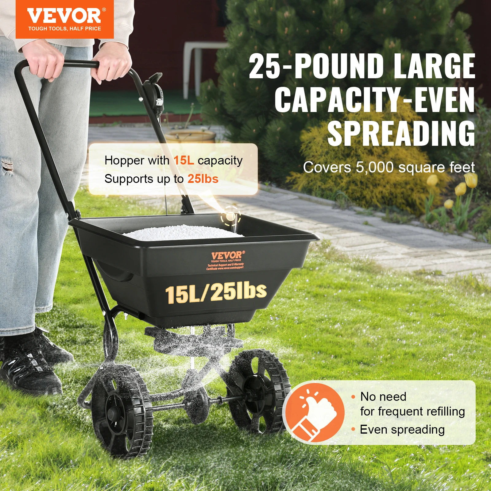 VEVOR Broadcast Spreader Walk-Behind Turf Push Fertilizer Spreader Garden Seeder Designed for Residential Farm and Tough Terrain