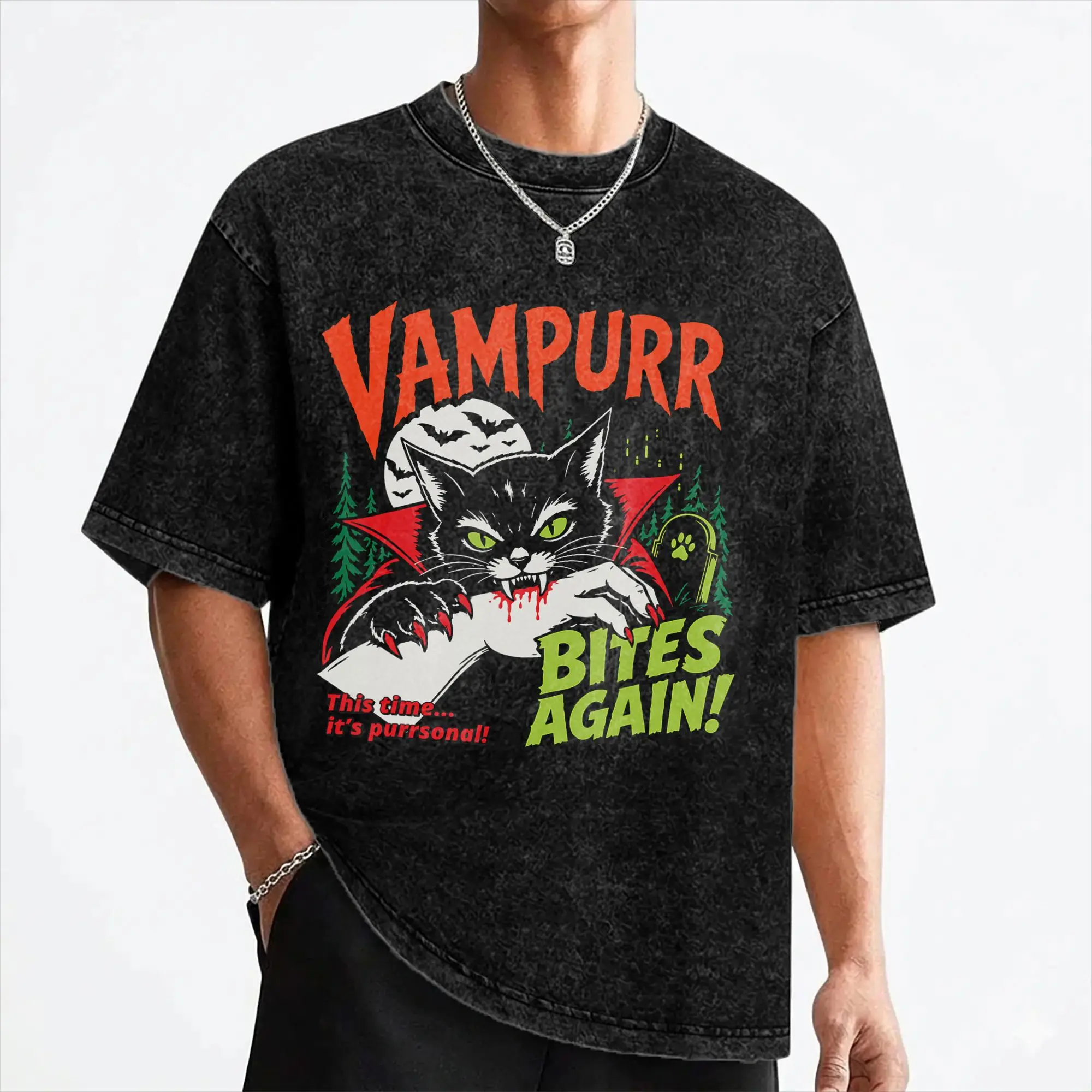 Vampurr Bites Again Halloween Vampire Cat Washed T Shirts Streetwear Novelty T-Shirts  Tees Men Women Cotton Oversize Printed