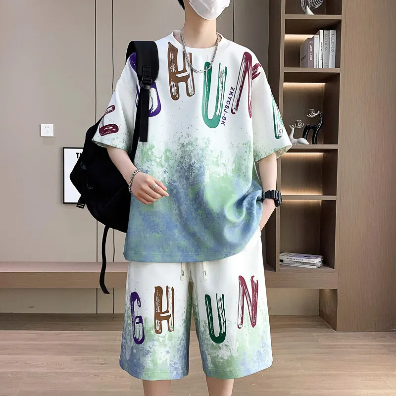 

Fashion T-Shirts & Shorts Men's Sets 2026 Summer Streetwear Loose Two Piece Tracksuit Youth Top Tees & Knee-Length Pant Clothing