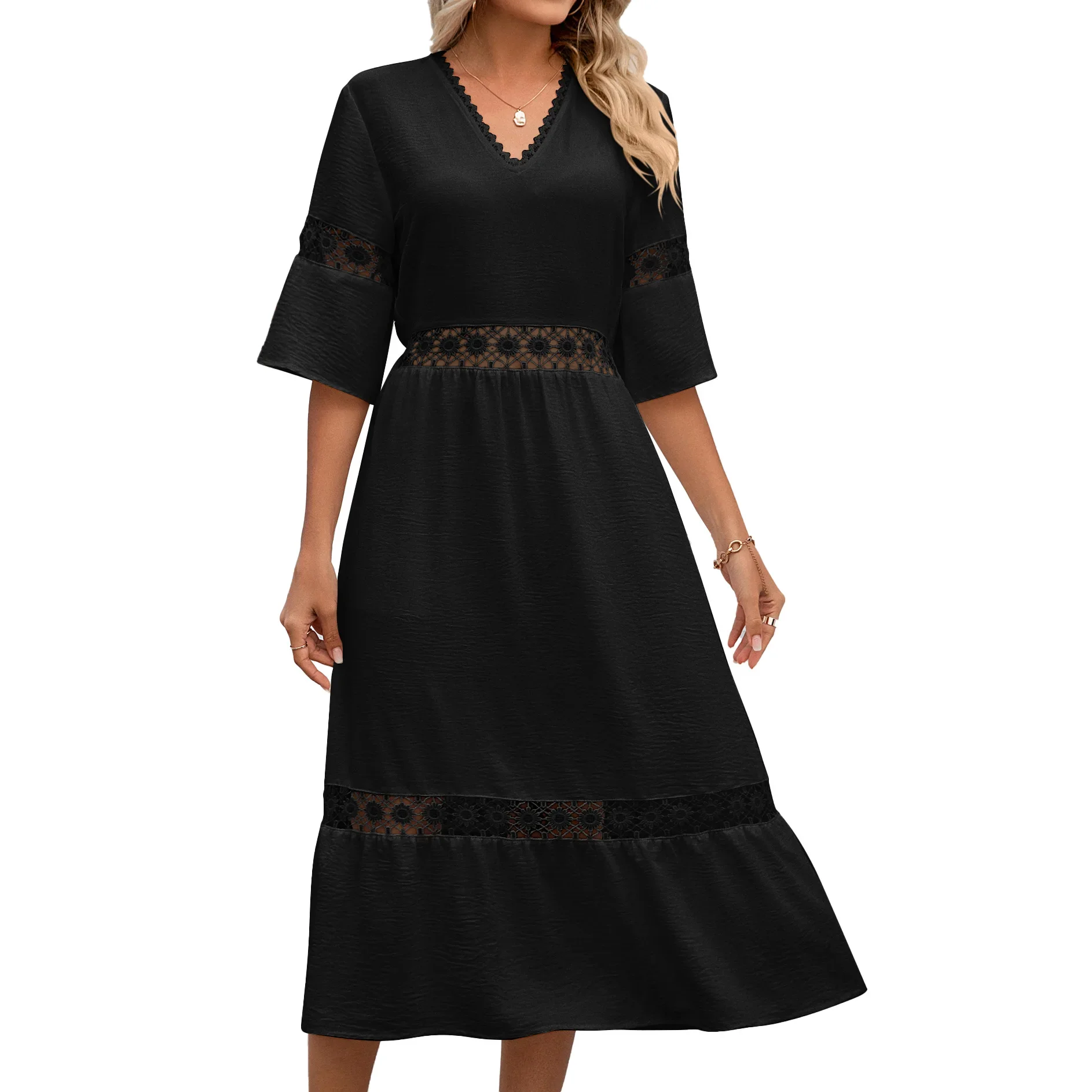 

2024 New Style, Fashionable and Elegant Solid Color V-neck Hollow Lace Splicing Mid Sleeve Loose Dress