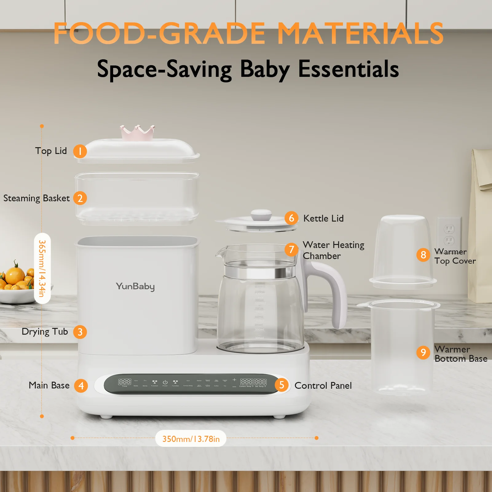 Scaldabiberon e vaporiera YunBaby 5 in 1 - 44 once multifunzione per latte, alimenti e elementi essenziali