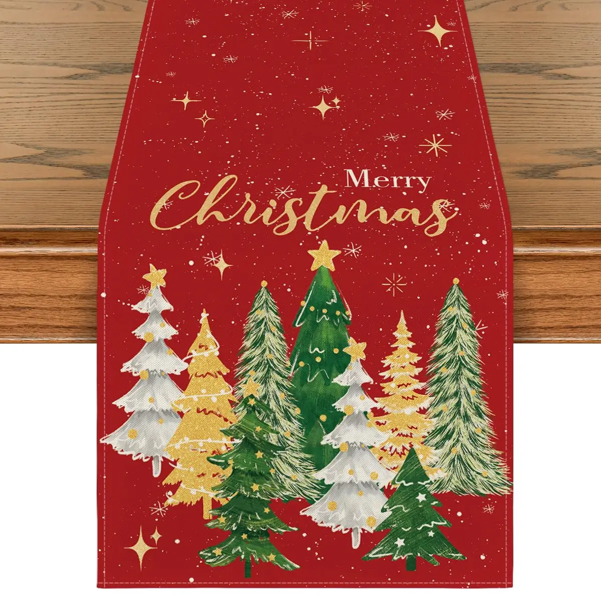 

Xmas Trees Merry Christmas Table Runner, Seasonal Winter Red Kitchen Dining Table Decoration for Home Party Decor