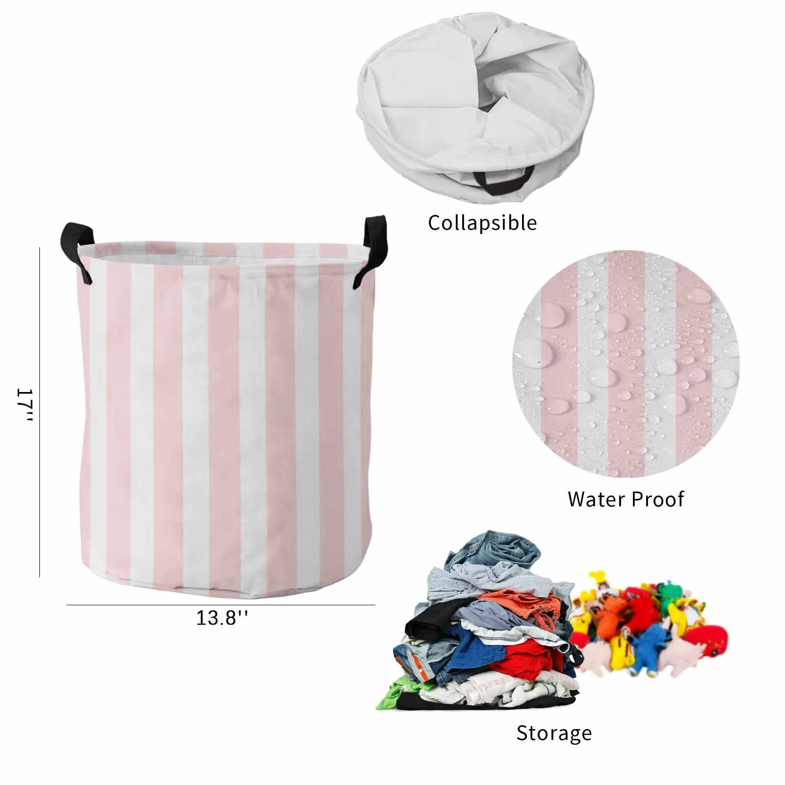 Striped Pink Dirty Laundry Basket Foldable Waterproof Home Organizer Clothing Children Toy Storage Basket