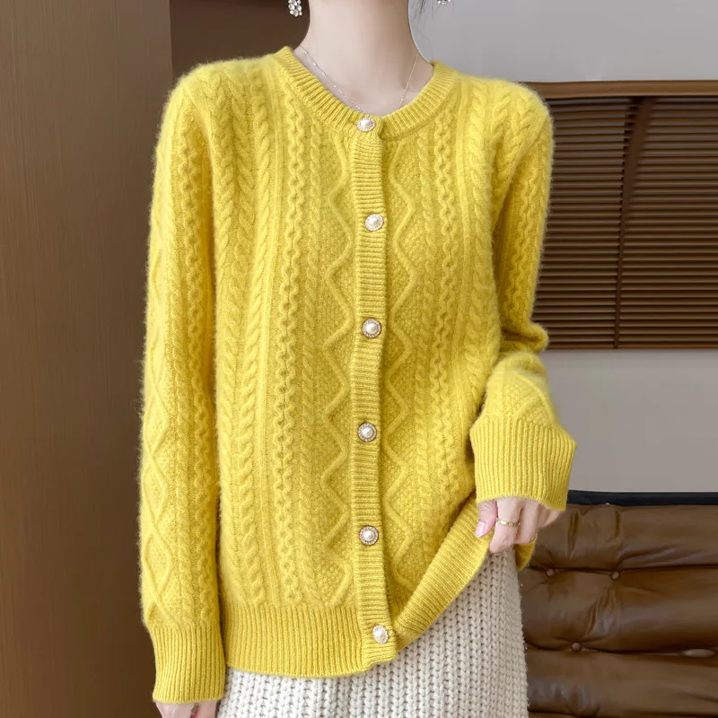 2024 Autumn and Winter New Strict Selection Wool Cardigan round Neck Pearl Jacquard Design Sense Women's Short J