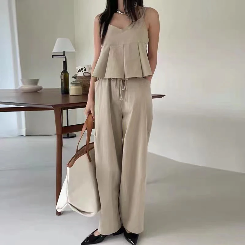 

2pcs Women Pants Sets Solid V-neck Sleeveless A-Line Vest Tops+HIgh Waist Wide Leg Trousers Female Summer Chic Streewear Suits