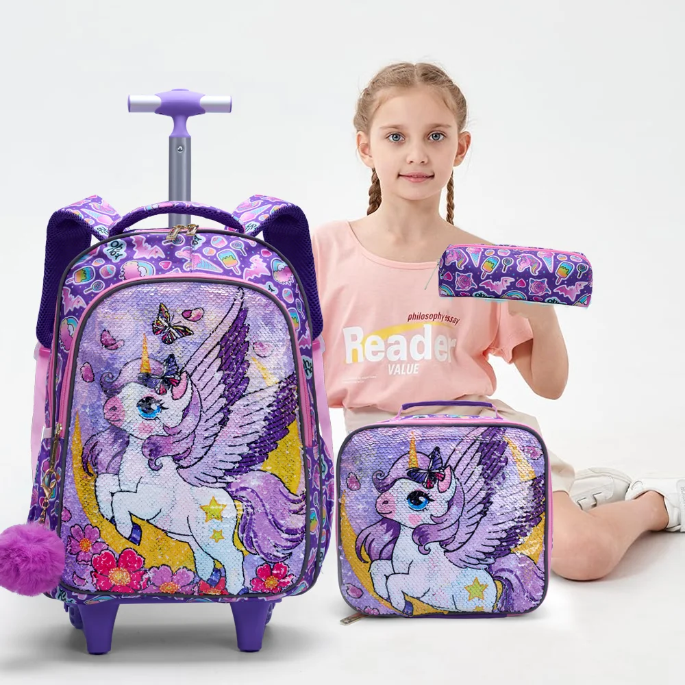 3PCS Set Rolling Backpack For Girls, Cute Cartoon Moon Unicorn Sequin Design Wheeled Bags With Lunch Box And Pen Bag-Purple