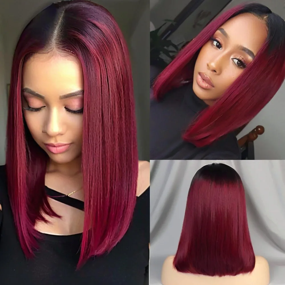 MAGICSTONE 1B/99J Burgundy Short Straight  Human Hair Bob Straight Lace Front Wig Burgundy Remy Short Cut Bob Lace Frontal Wig