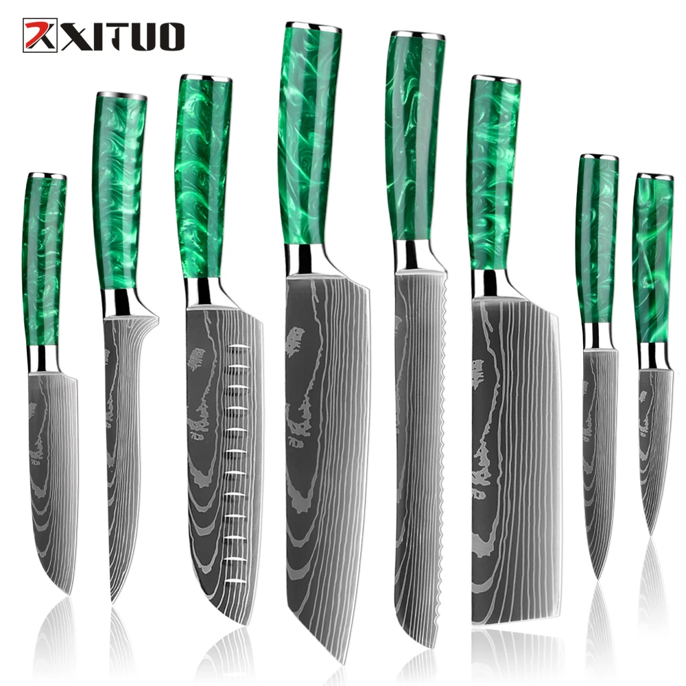 

Pro Chef Knife Set 1-8PCS,7Cr17Mov Steel Kitchen Cooking Knives Utility Knife Super sharp Blade Ergonomic Green Resin Handle